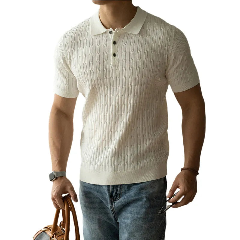 Men's khaki short sleeve business casual top laid flat, showing collar and sleeve detail.