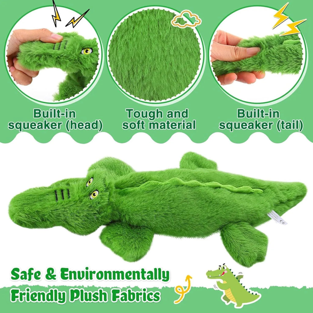 Green crocodile-shaped plush dog toy with no stuffing, for aggressive chewing.