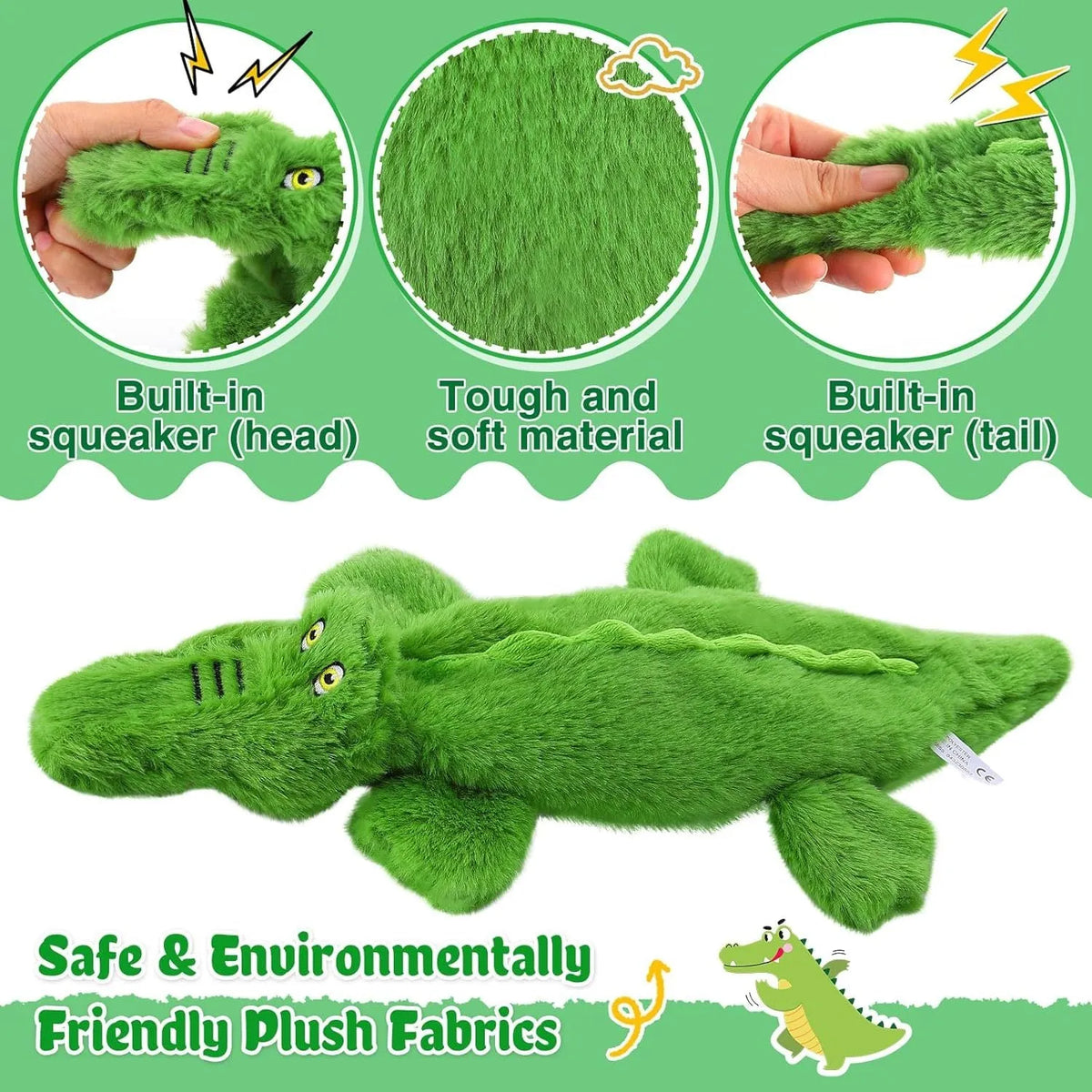 Green crocodile-shaped plush dog toy with no stuffing, for aggressive chewing.