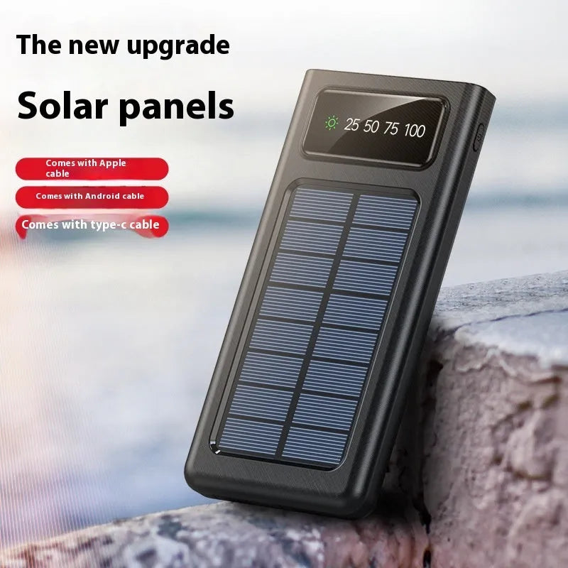 Solar portable power bank with 20000mAh capacity in black or white colours showing creative design