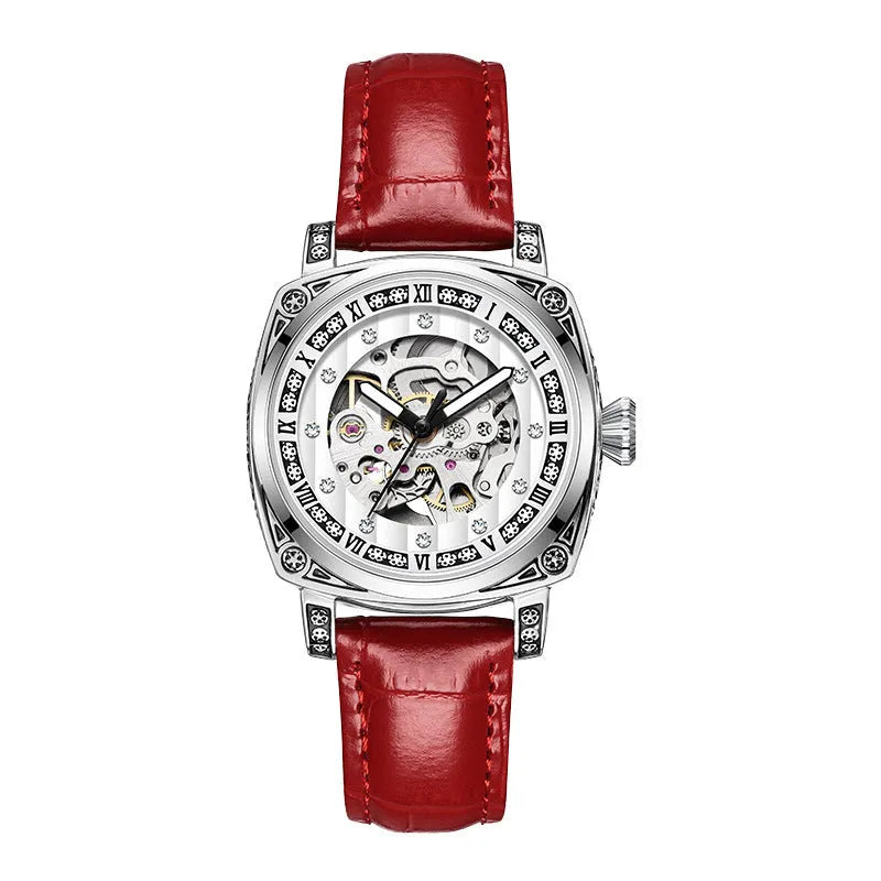 Mechanical watch with luminous hands on leather strap, 10m water resistant