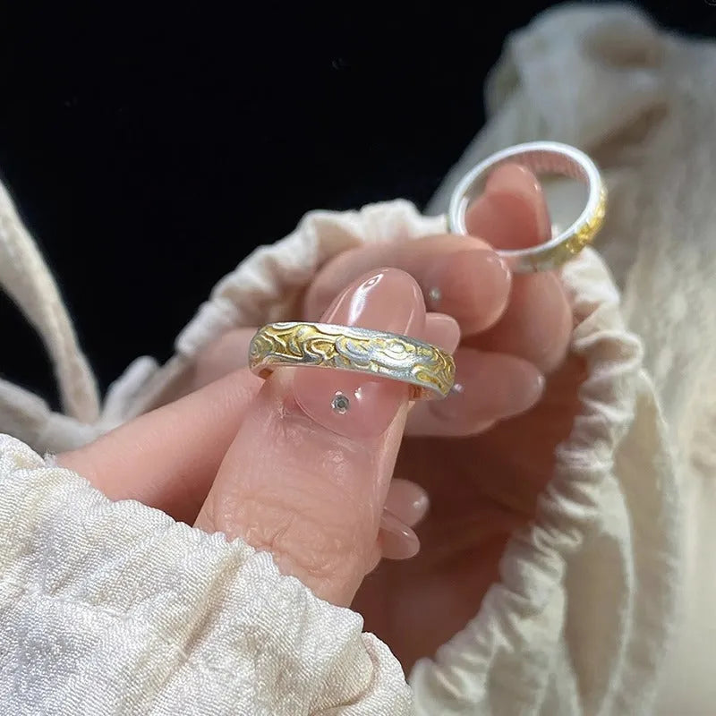 Adjustable open mouth ring with Xiangyun pattern in gold electroplated finish
