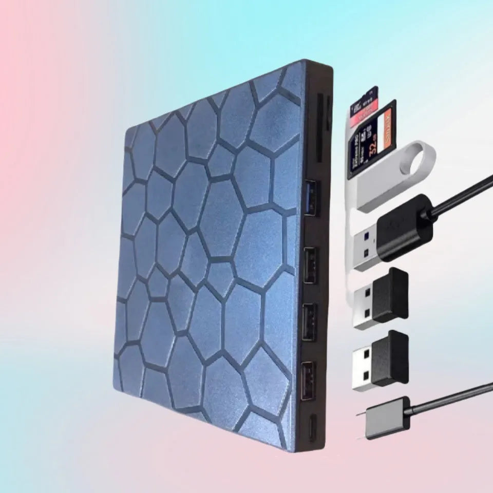 Black USB external CD drive burner with compact dimensions for laptop and PC connectivity