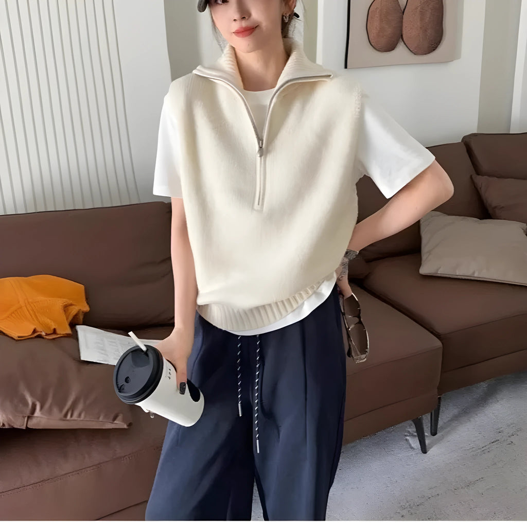 Retro half zipper sleeveless knit vest in polyester mesh with 3D pattern