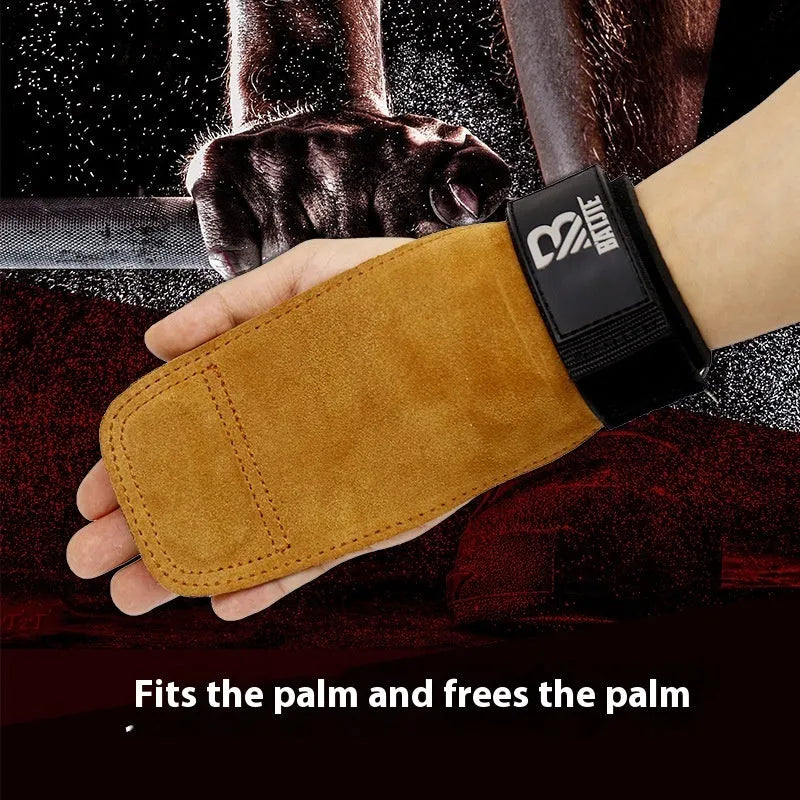 Brown leather wrist protectors for horizontal bar pull-ups and push-ups with adjustable hook-and-loop closures