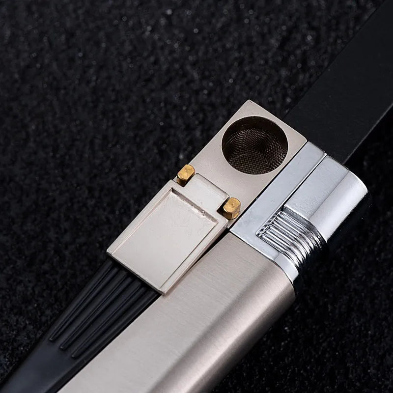 Metal folding pipe lighter with stash compartment in silver finish, showing open and closed positions