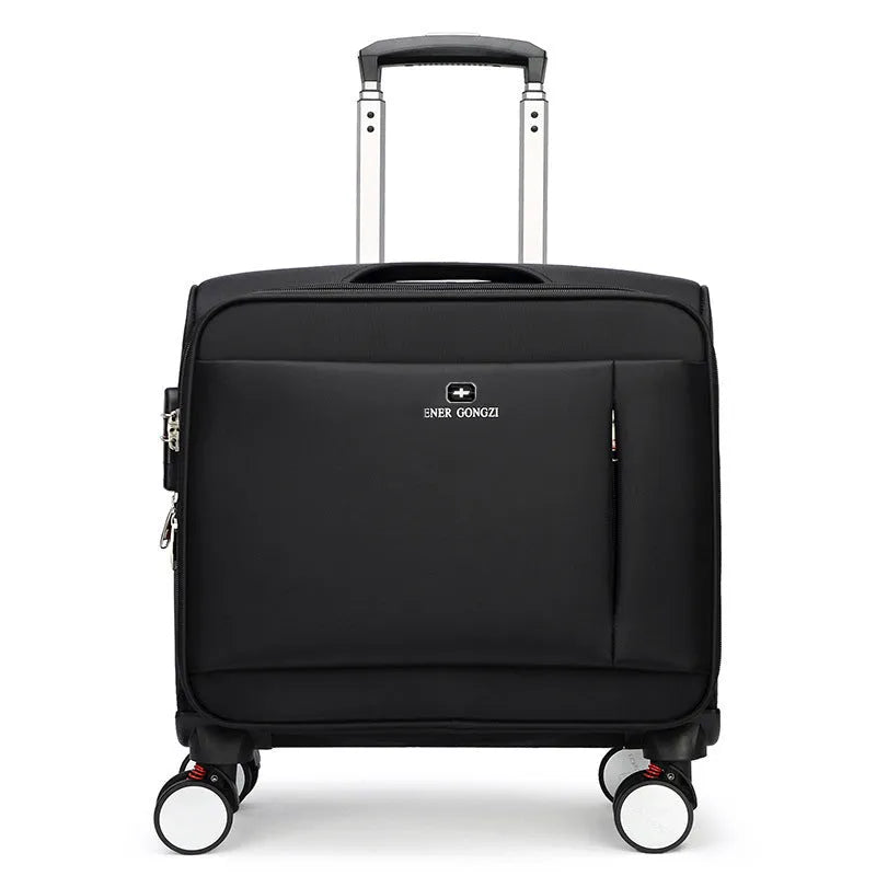 Black 18-inch Oxford cloth business suitcase with retractable handle and wheels.