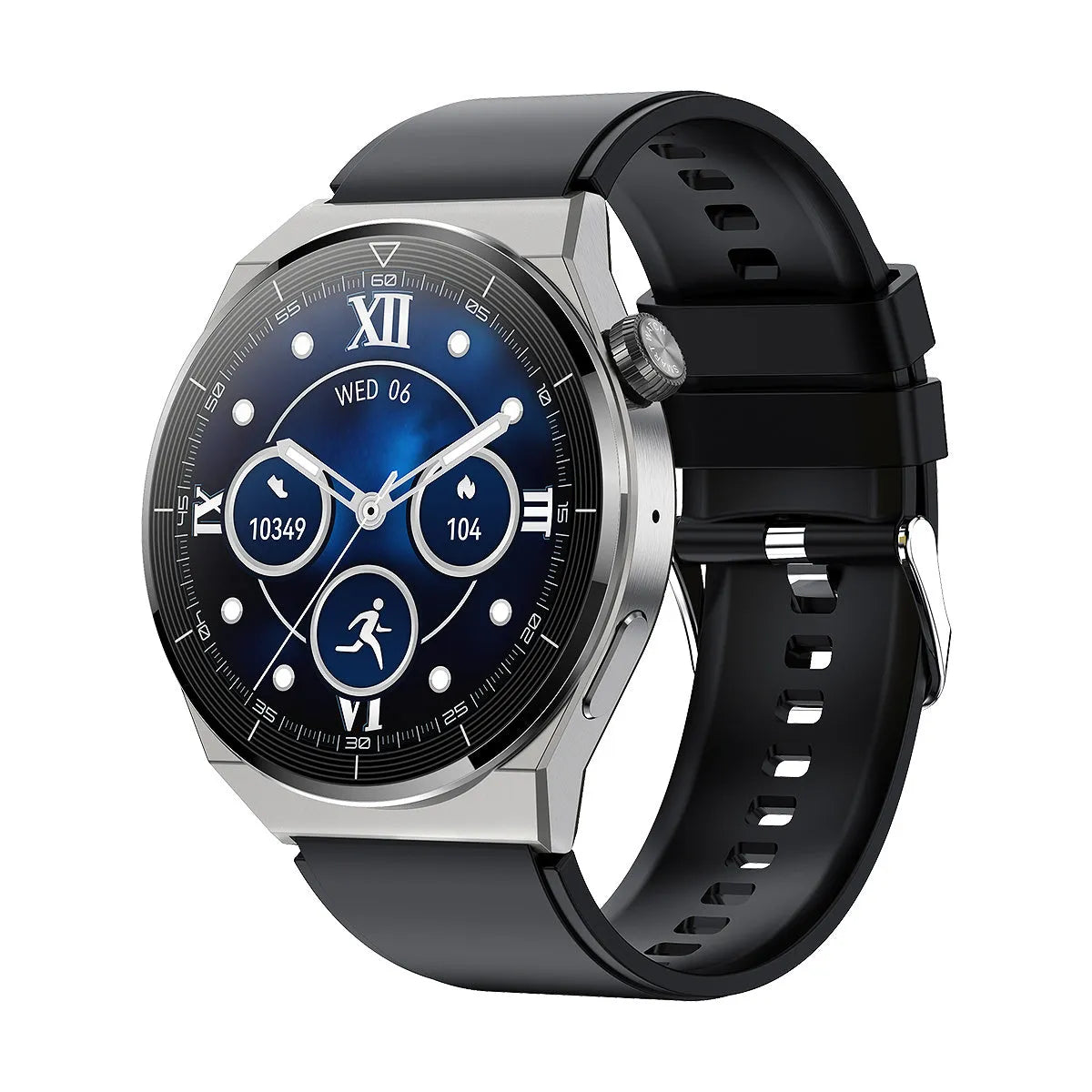 Round Android smart watch with NFC, black silicone strap, on a wrist showing the 1.36-inch display.
