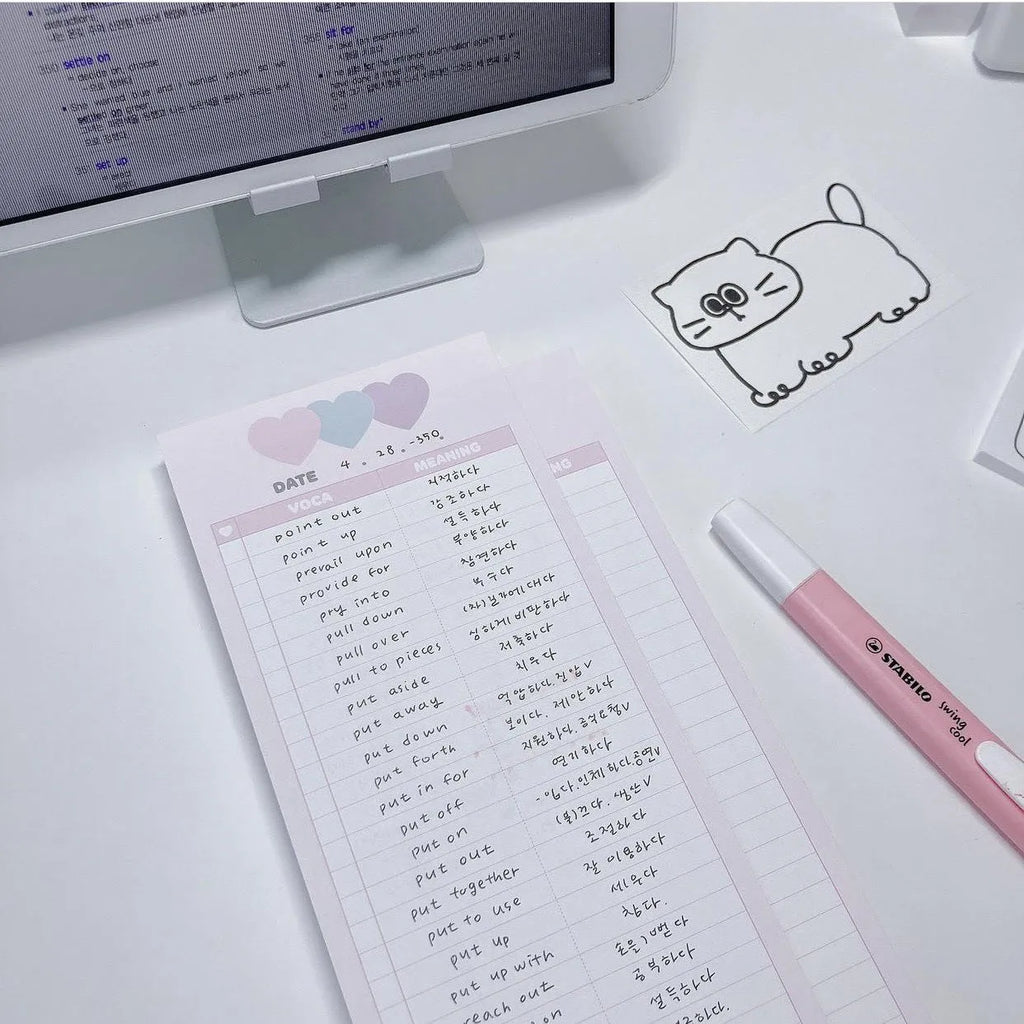 Vertical B5 half size English learning notepad with pink soft cover showing double-sided printed pages