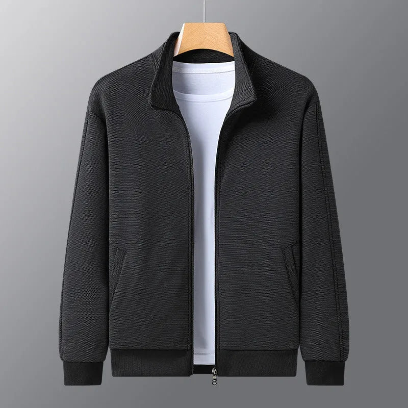 Men's black casual zip-up jacket with stand-up collar in fitted athletic cut