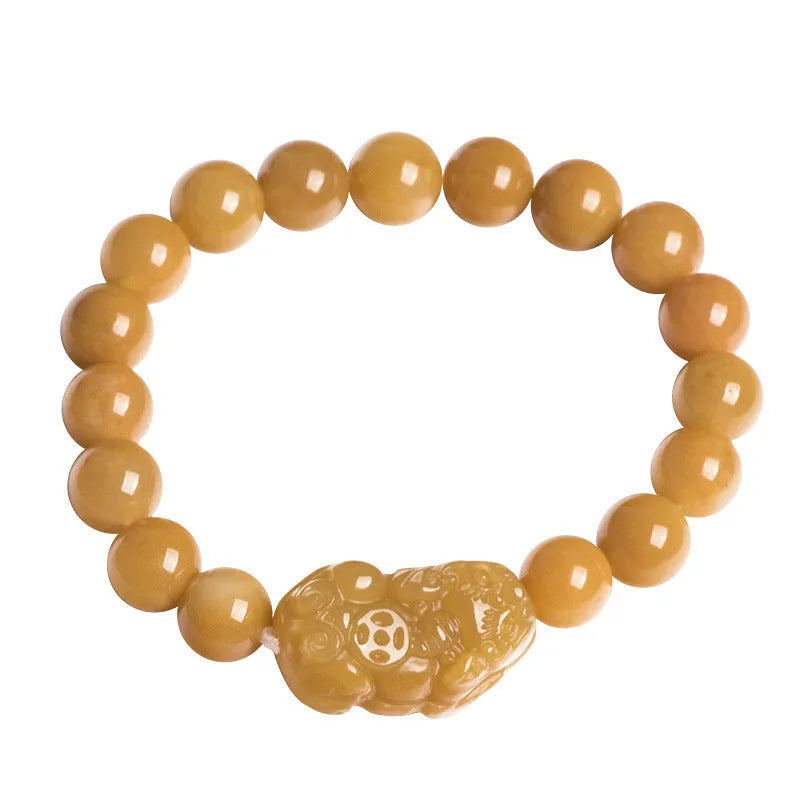 Hand-carved Golden Thread Jade Money Bracelet shown in large and small size options.