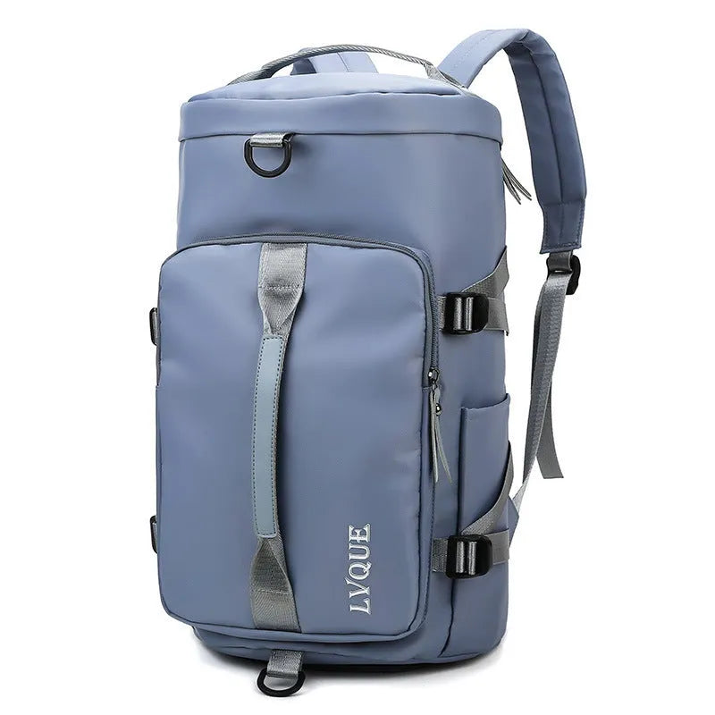 Black convertible nylon gym bag showing backpack, shoulder bag, and handbag modes with separate shoe compartment.