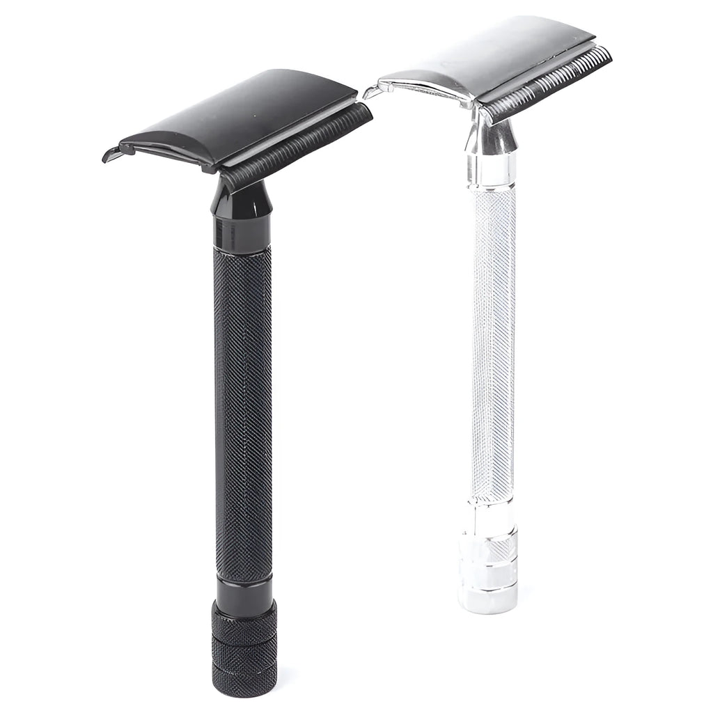 Old-fashioned manual metal shaver and brush set for traditional wet shaving, shown in black and silver options.