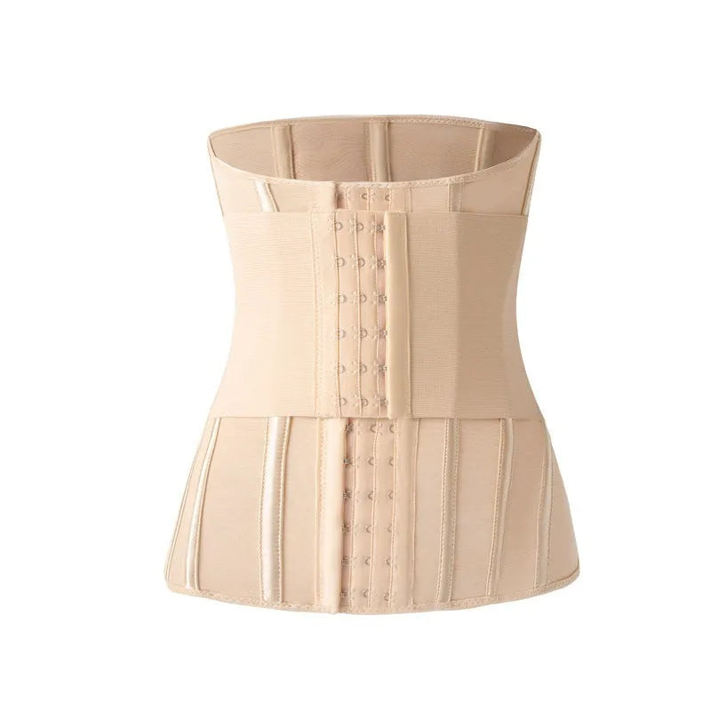 Black nylon belly band waist trainer shown flat with size range XXXS to 3XL