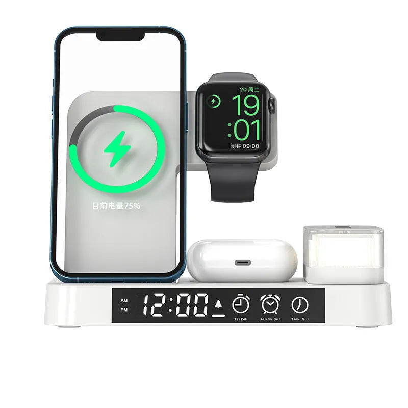 White 4-in-1 multifunction wireless charging station with foldable stand, alarm clock display, and RGB night light.