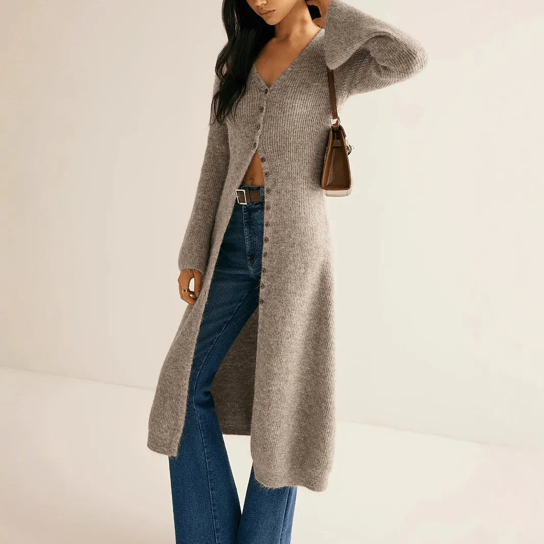 Women's khaki French retro style cardigan coat with long sleeves and button front closure