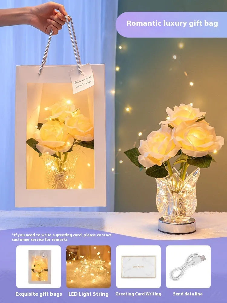 Modern crystal flowers bedside table lamp with touch dimming control on wooden surface
