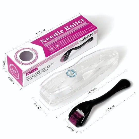 A black handled derma roller with a head containing 540 titanium microneedles, shown next to a purple handled version.