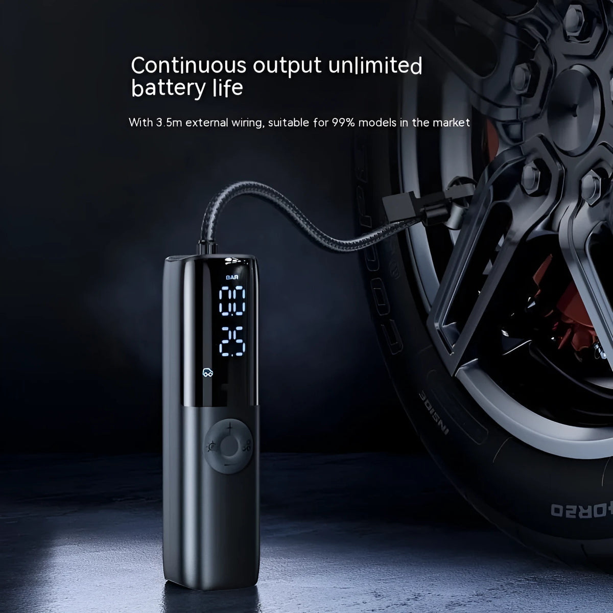 Black portable electric car air pump with tyre pressure gauge and inflation tube.