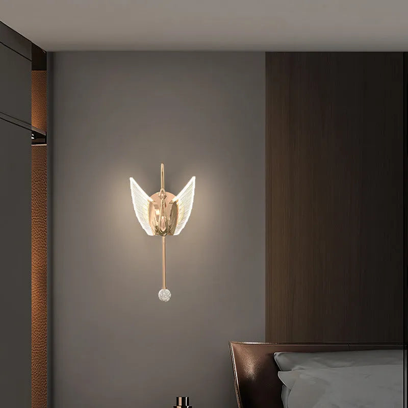 Gold-finish iron swan bedside wall lamp with acrylic shade and dimmable LED light.