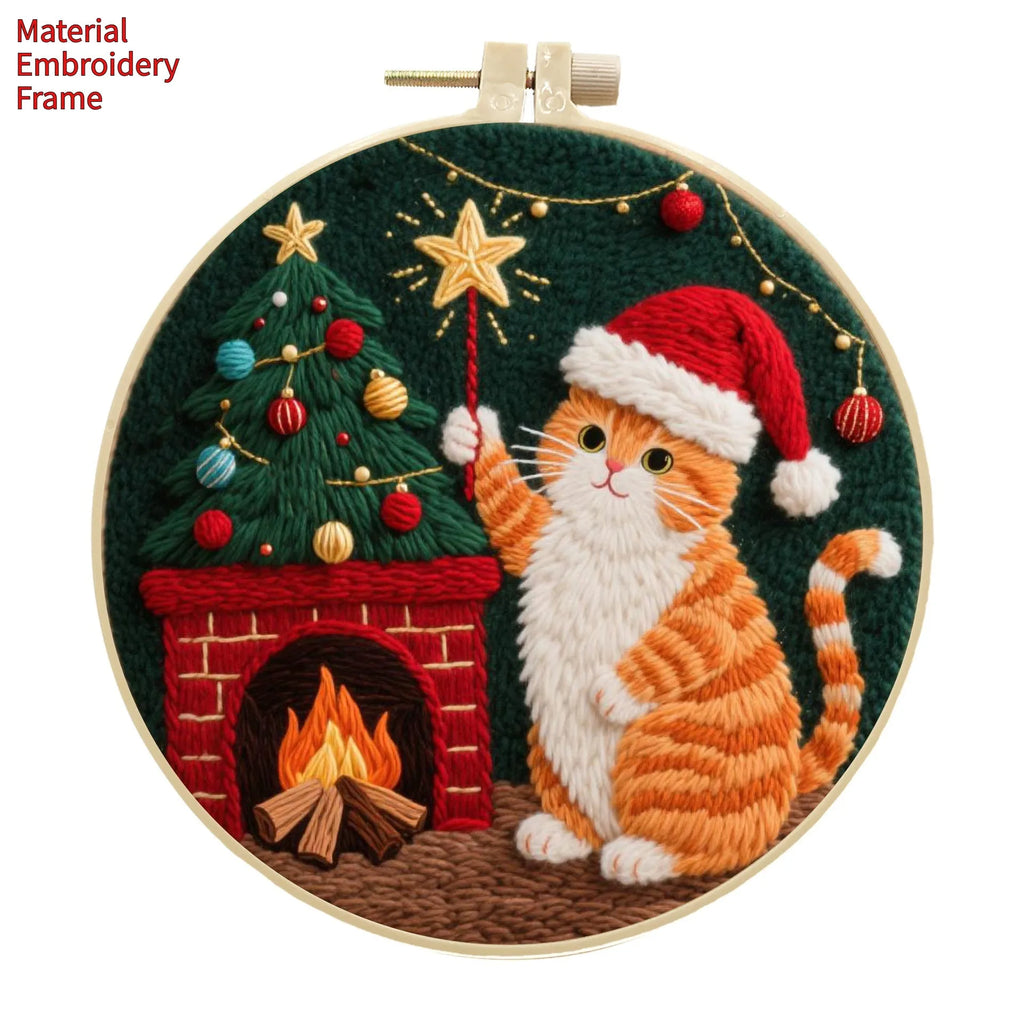 Cat embroidery DIY kit showing autumn fruit patterned cotton linen fabric with imitation bamboo embroidery frame
