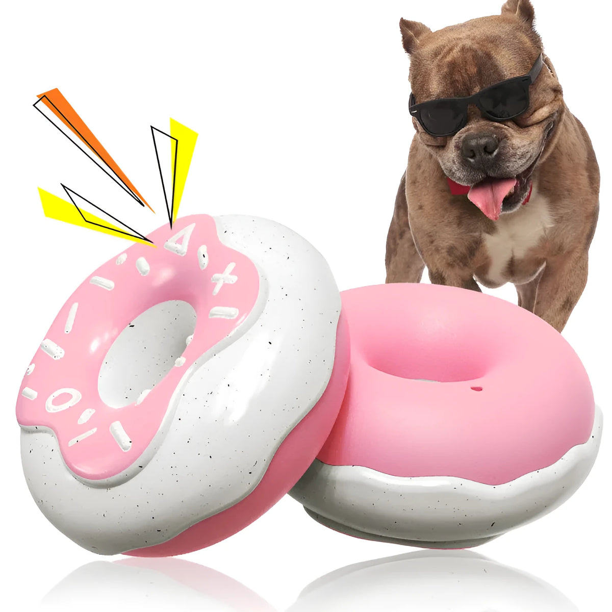 Pink TPR donut-shaped dog toy with squeaker, shown next to yellow and chocolate versions.