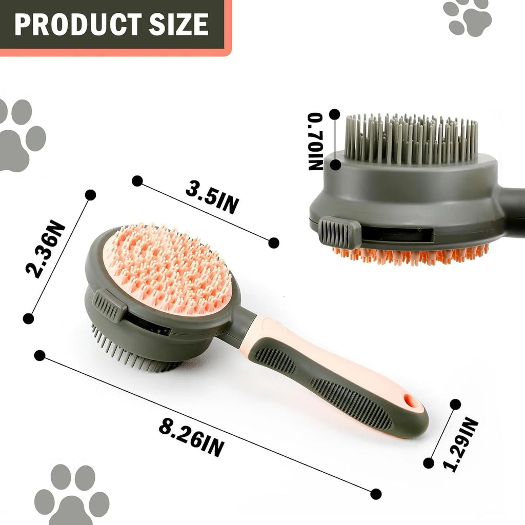 Green and pink double sided cat grooming brush with release button and flea comb