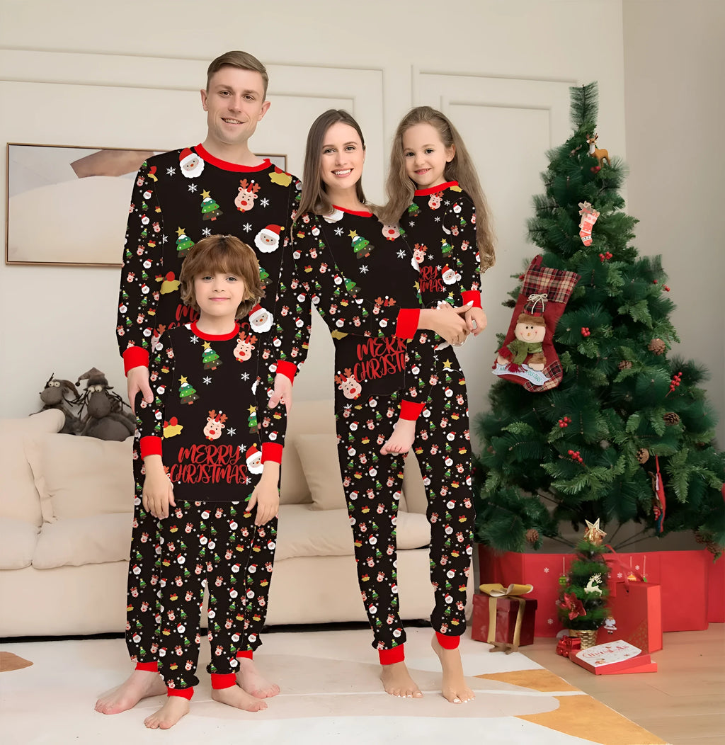 Family wearing matching Christmas pyjamas with plaid and cartoon prints, including parents, children and dog