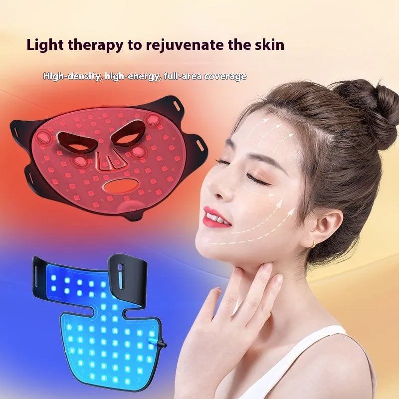 Four-colour LED photon beauty mask showing light therapy panels for facial and neck treatment