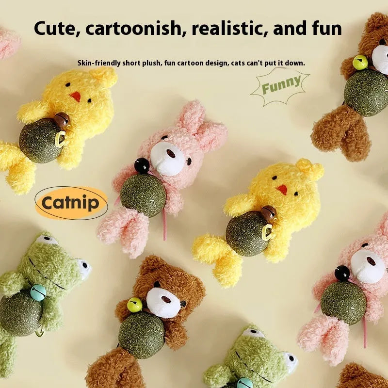 Plush catnip ball toy with bell in brown bear design showing 15cm height and 4cm mint ball
