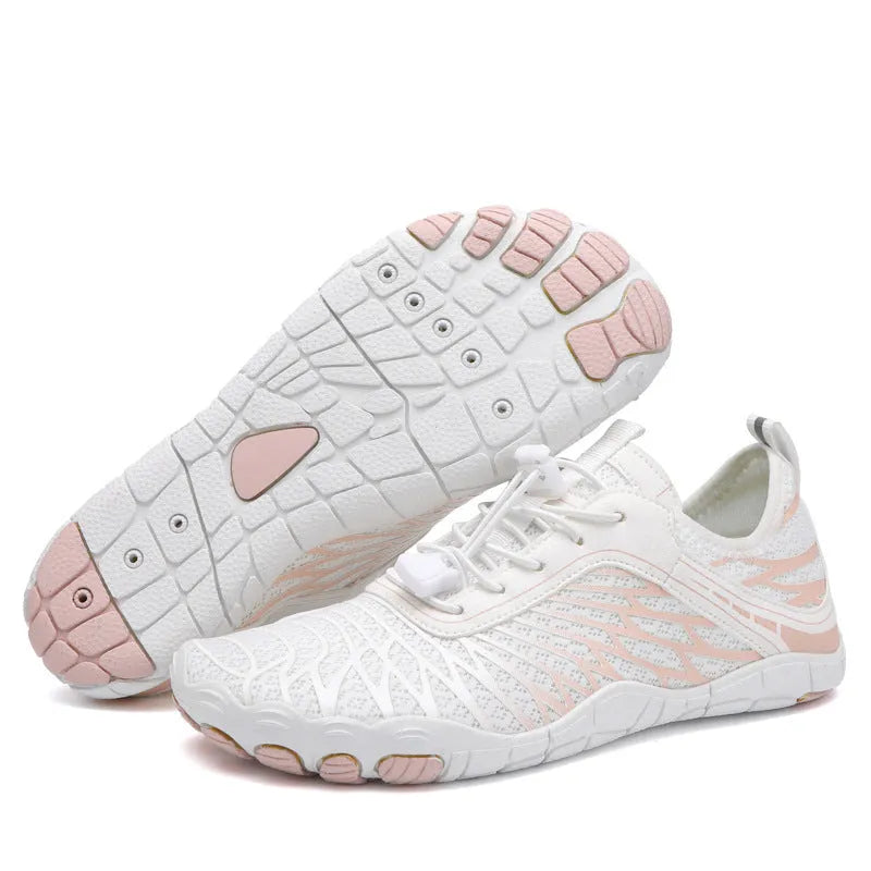 White lace-up outdoor sports shoes with a breathable lining and textured non-slip rubber sole.
