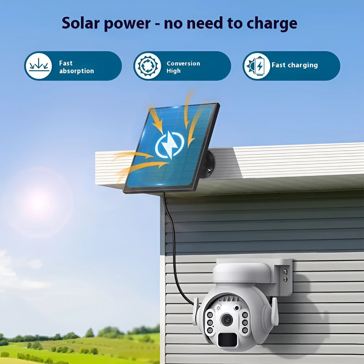 Solar-powered outdoor security camera with 3MP HD and full-colour night vision, shown in camouflage finish.
