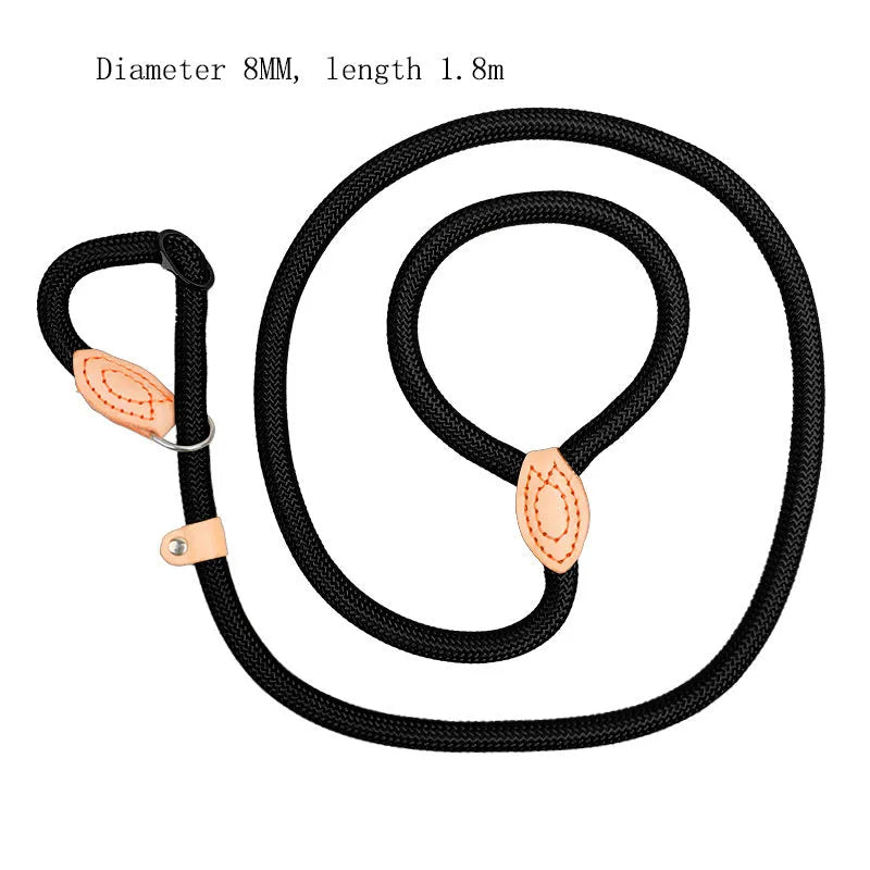 A rope dog training leash with an automatic tightening collar, shown in multiple colour options for blast race use.