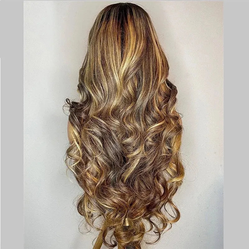 Front lace wig with long curly hair in gradient colours, showing side bangs and natural hairline placement
