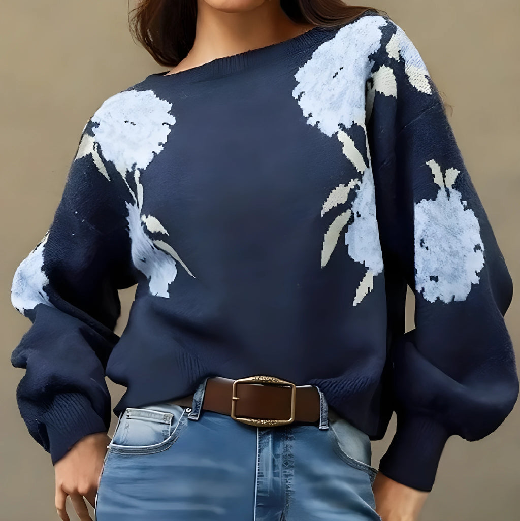 Sapphire Blue women's loose pullover with off-neck and floral jacquard pattern