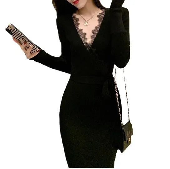 Black women's slim fit woolen skirt dress with princess silhouette on hanger