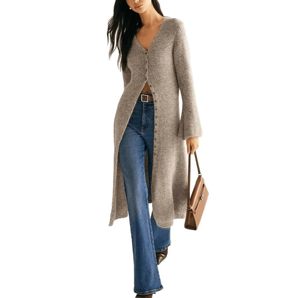 Women's khaki French retro style cardigan coat with long sleeves and button front closure