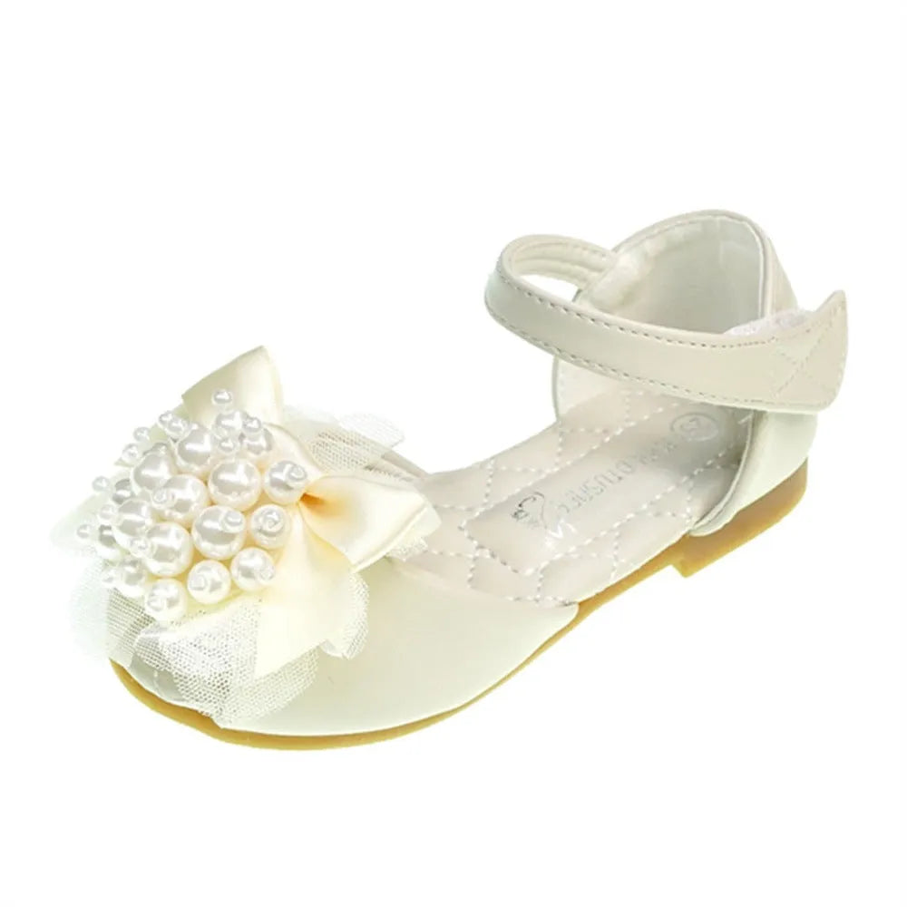 Girls' princess sandals with peep toe, pearl flower detail, pink or beige, Velcro fastening