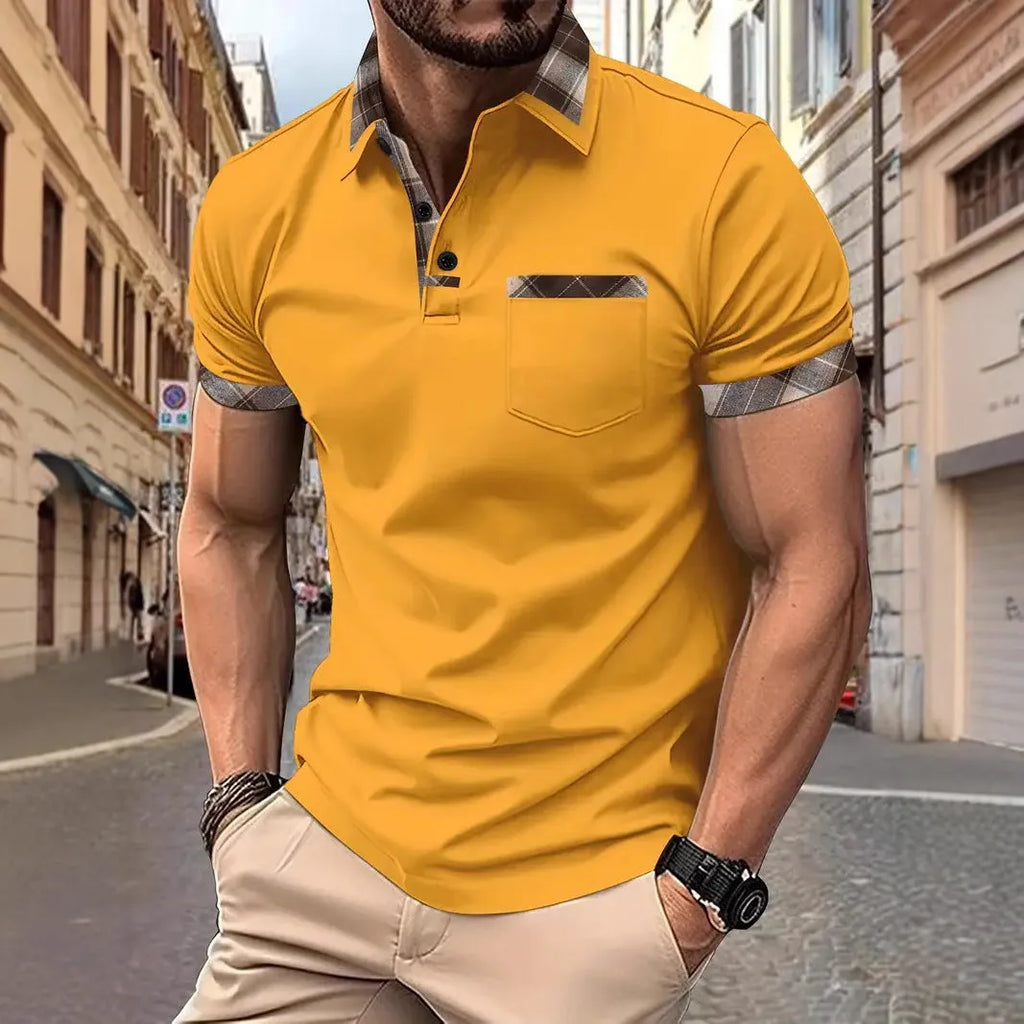 Men's loose fit plaid colourblock T-shirt with short sleeves and zipper decorations