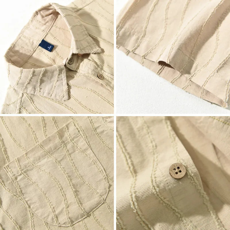 Man modelling a loose-fit apricot pure cotton short sleeve casual shirt