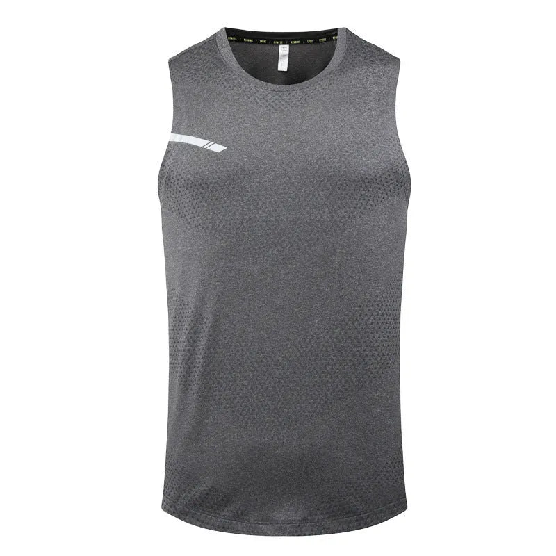 Man wearing a solid colour quick-dry polyester sports tank top for summer running or gym workouts.