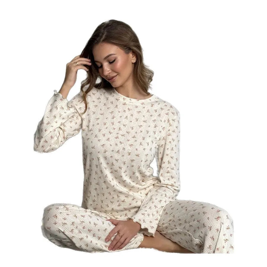 Women's white floral print bell sleeve top and wide leg trousers casual suit
