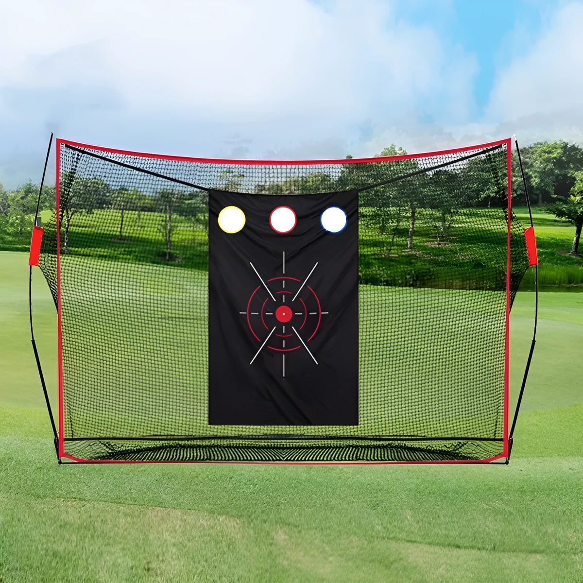 Golf wedge training net with straw practice mat and red practice balls