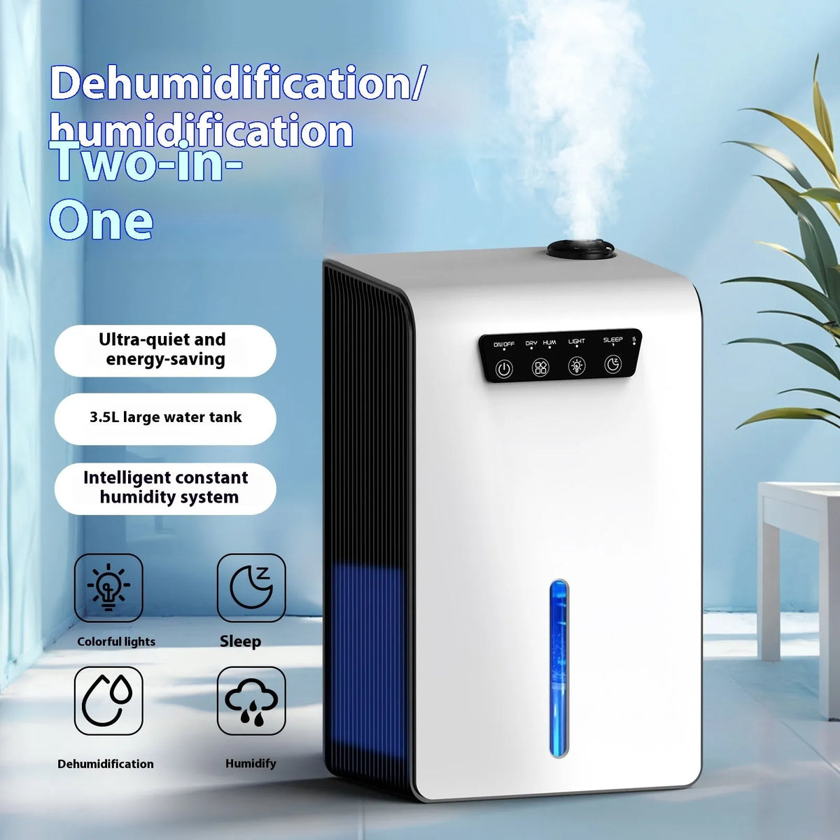Milky white compact household dehumidifier for bedroom use with silent operation