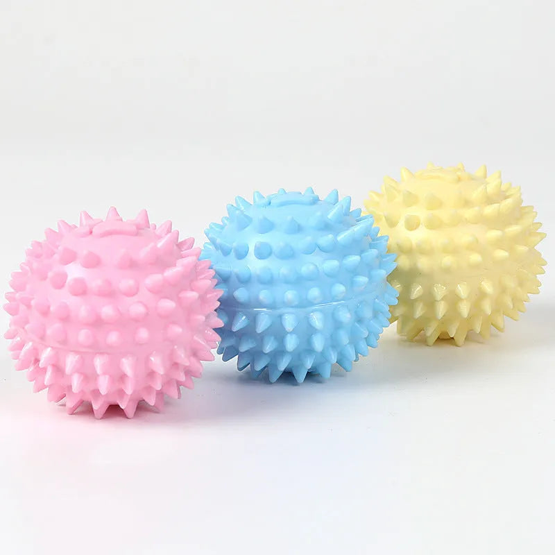 Blue dog chewing toy with textured footprint design measuring 6cm diameter