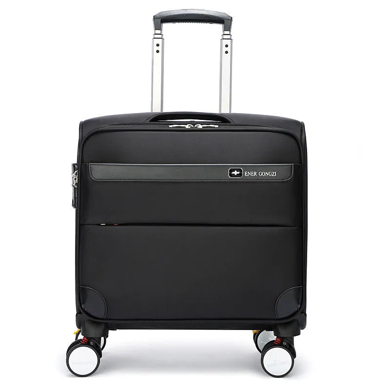 Black 18-inch Oxford cloth business suitcase with retractable handle and wheels.