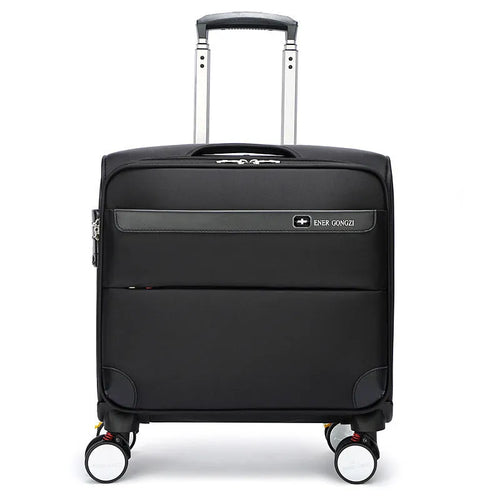 Black 18-inch Oxford cloth business suitcase with retractable handle and wheels.