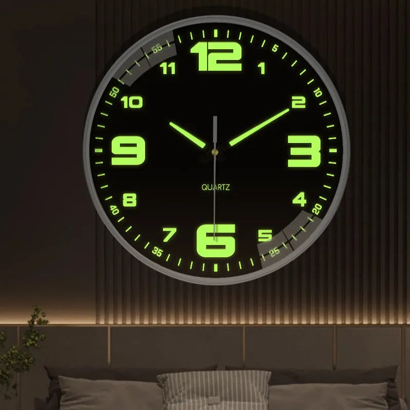 Modern 8 inch luminous wall clock with 20cm diameter on a wall.