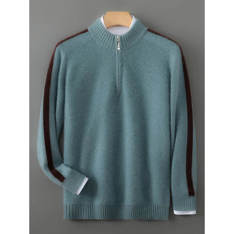 Men's slim fit half-zip wool sweater in standard wool thickness with round neck
