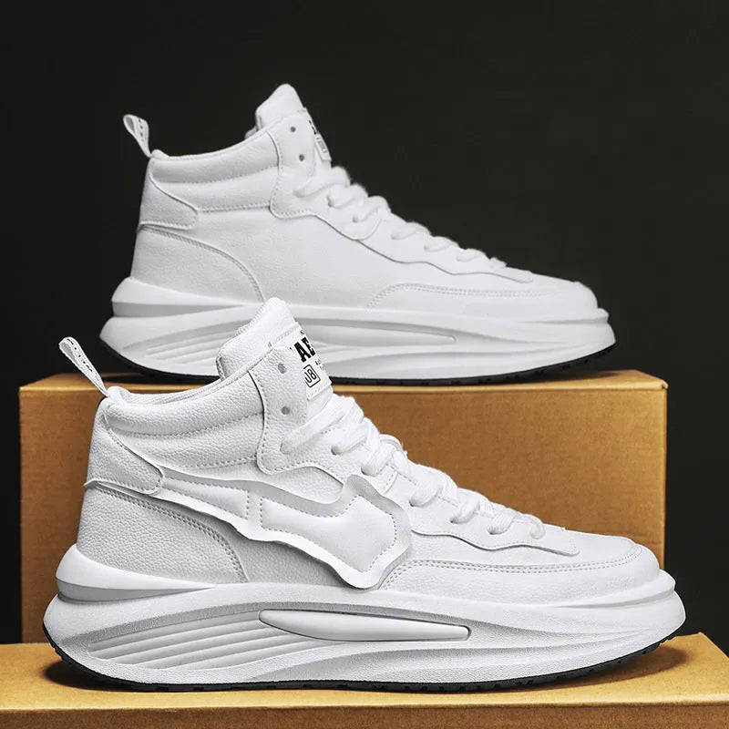 Men's black platform high-top casual shoe with round toe and artificial PU upper